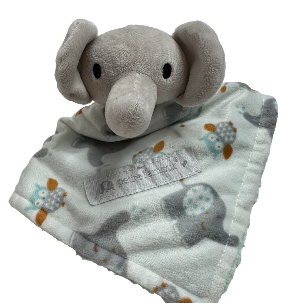 PETIT L’AMOUR Elephant Plush Lovie Gray Blue White Unisex Baby Owl Security